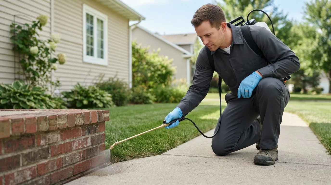 Pest control technician treating a home near Burnet, TX