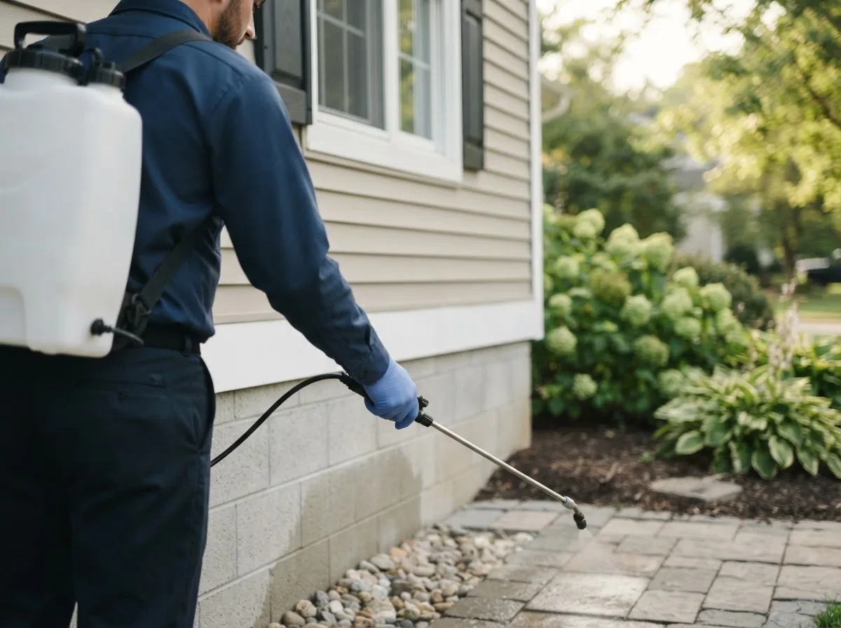 Pest control technician inspecting a home in Burnet, TX